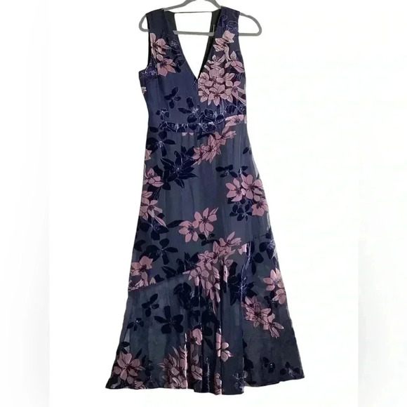 Sam Edelman Burnout Velvet Maxi Dress Size 8 Floral Purple& Blue - Picture 1 of 14
